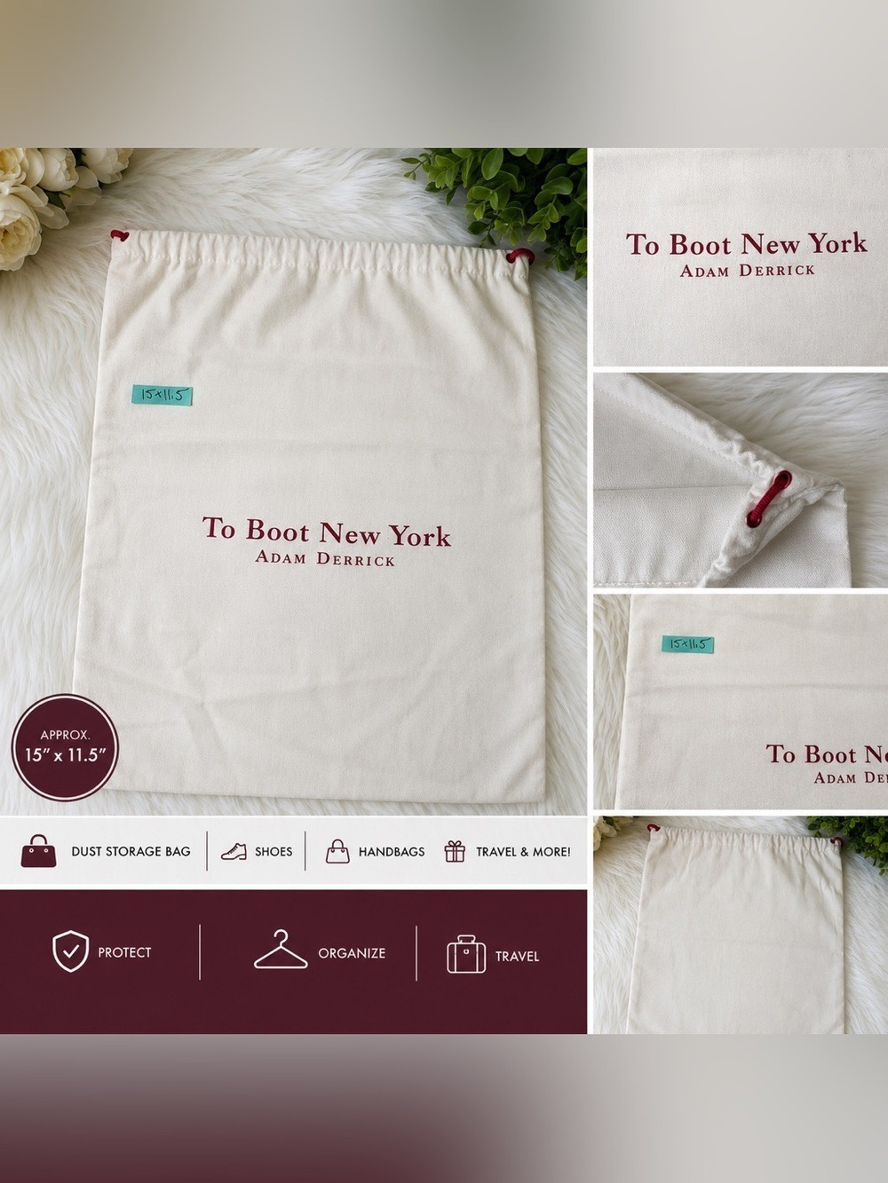 To Boot New York Adam Derrick Dust Bag Cream Red Drawstring 15x11.5